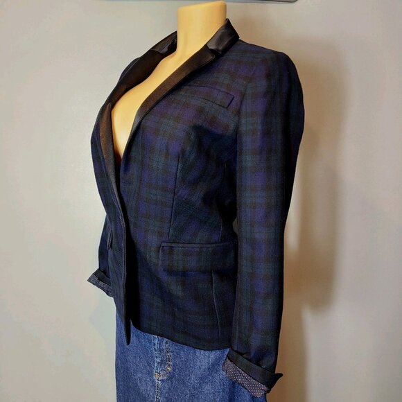 J CREW Plaid Regent Wool Blazer Womens Size 2 Satin Lapel Blue Green Academia - Picture 3 of 12